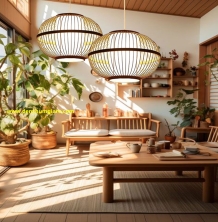 Đèn mây tre hình cầu có lồng vải MT108