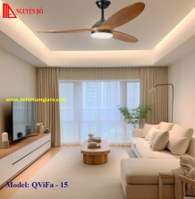 Quạt trần cánh gỗ có đèn QViFa – 15 công suất 40W, động cơ DC, đèn led 3 chế độ ánh sáng, điều khiển từ xa bằng Remote