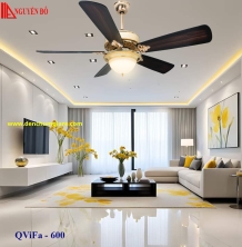 Quạt trần cánh gỗ có đèn QViFa – 600 công suất 40W, động cơ DC, đèn led 3 chế độ ánh sáng, điều khiển từ xa bằng Remote