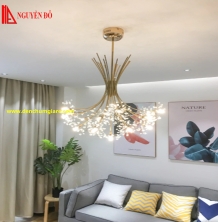 Đèn thả hiện đại, đèn thả pha lê TH-104A-21, tạo hình thành chùm hoa thuỷ tinh với thân đèn màu xi vàng