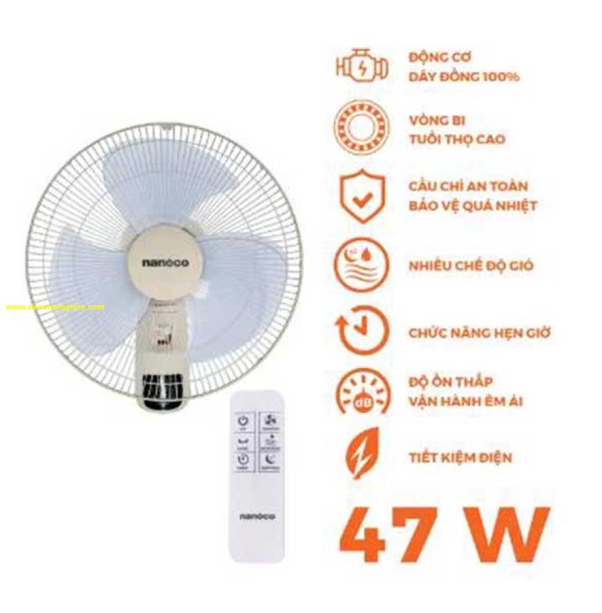 Quạt treo tường có remote màu xám Nanoco NWF1610RC-BE