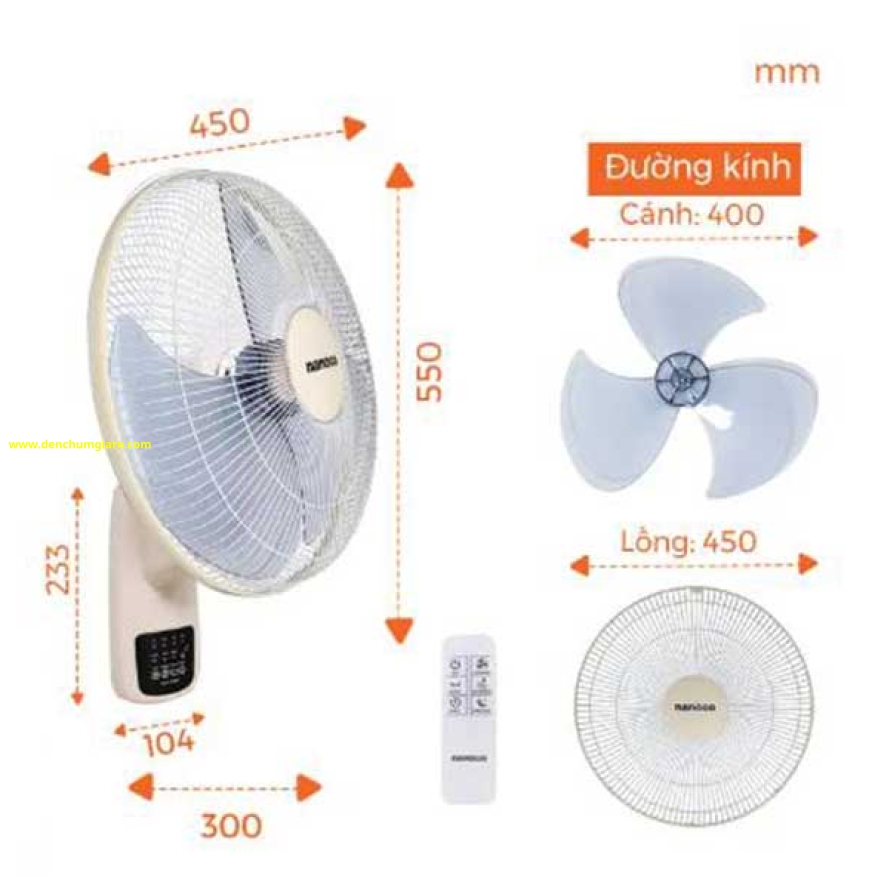 Quạt treo tường có remote màu xám Nanoco NWF1610RC-BE