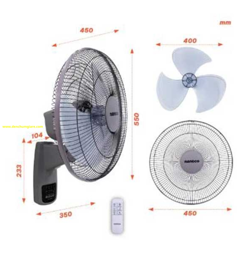 Quạt treo tường có remote màu xám Nanoco NWF1610RC-G
