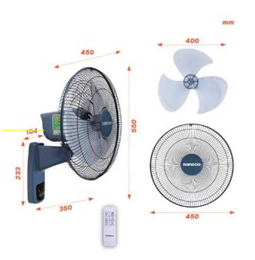 Quạt treo tường có remote màu xanh Nanoco NWF1610RC-BL