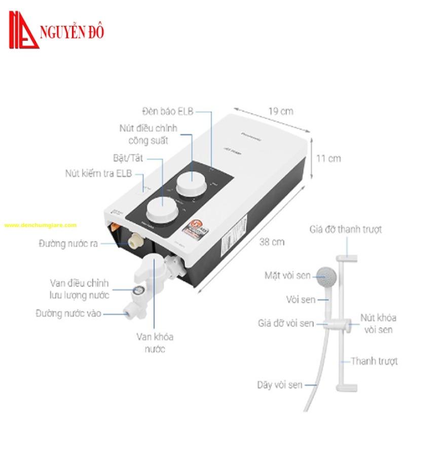 Máy nước nóng trực tiếp Panasonic DH-4RP1VW có bơm trợ lực, dòng tiêu chuẩn điều chỉnh nhiệt độ theo 3 cấp độ 