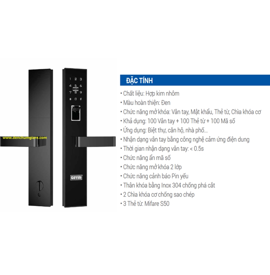 Khoá vân tay cửa gỗ, khoá cửa gỗ GIOVANI GSL-117C99G tiêu chuẩn Hàn Quốc với 4 tính năng nổi bật