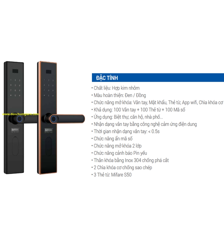Khoá vân tay cửa gỗ, khoá cửa gỗ GIOVANI GSL-630B/G tiêu chuẩn Hàn Quốc với 5 tính năng nổi bật