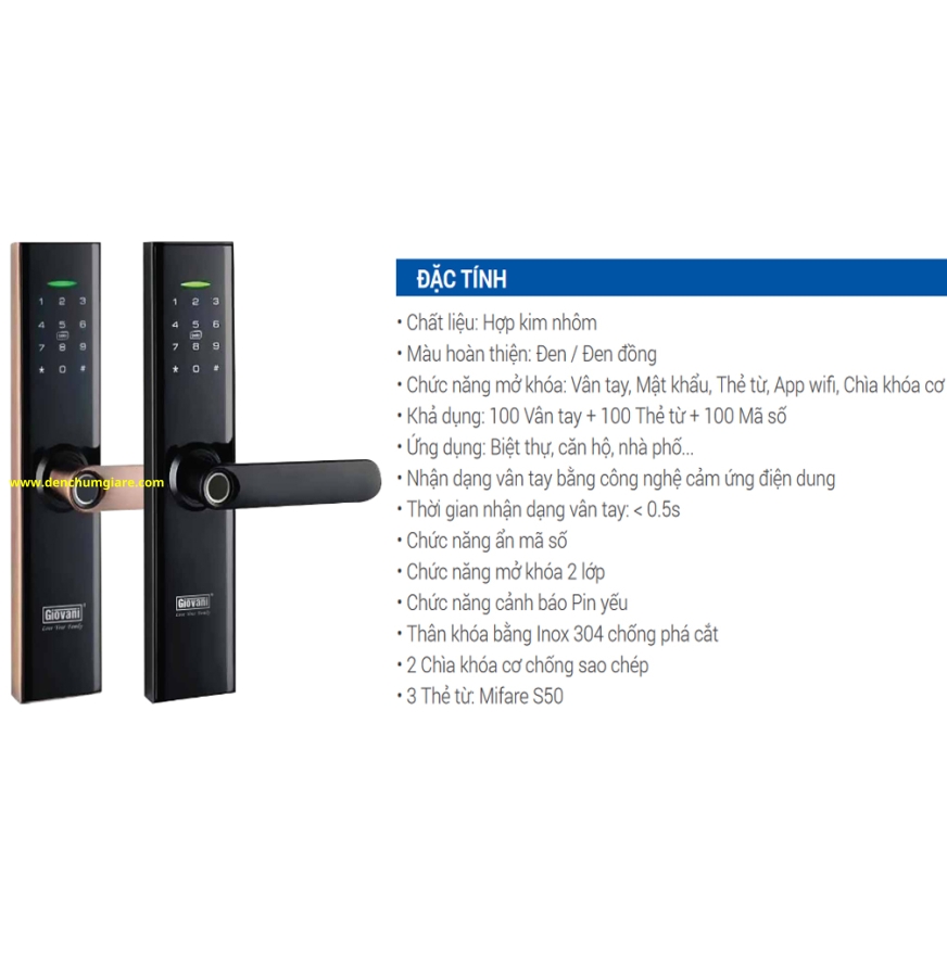 Khoá vân tay cửa gỗ, khoá cửa gỗ GIOVANI GSL-K591B/C tiêu chuẩn Hàn Quốc với 5 tính năng nổi bật
