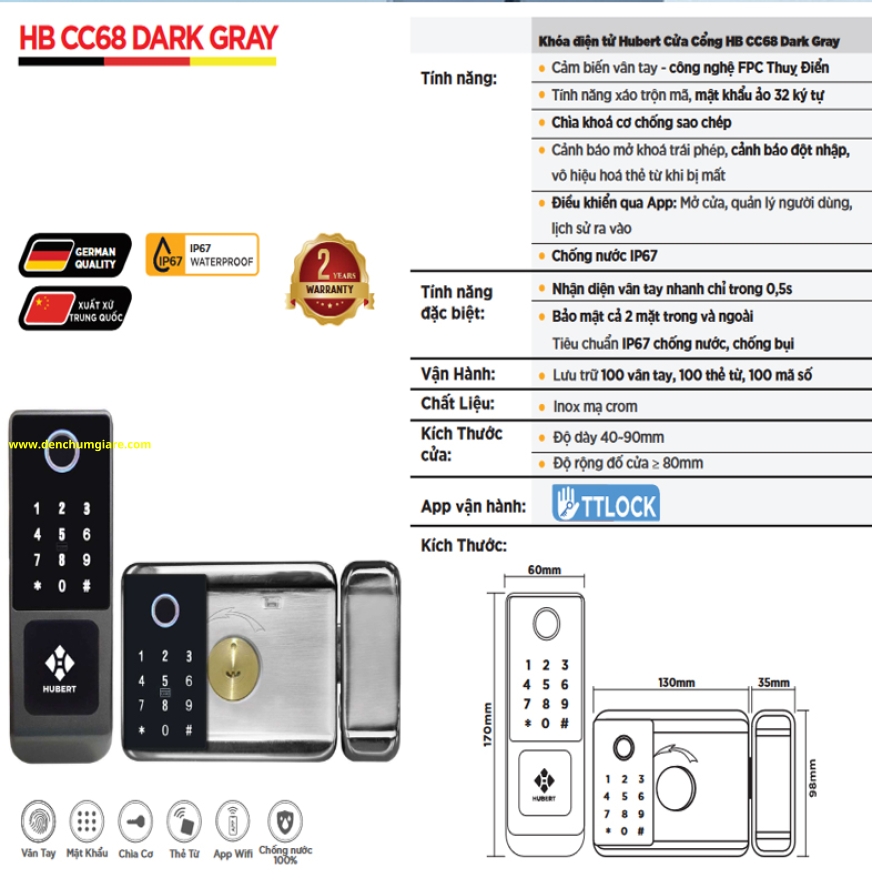 vân tay cửa cổng HUBERT HB CC68 Dark Grey tiêu chuẩn Đức với 6 tính năng nổi bật