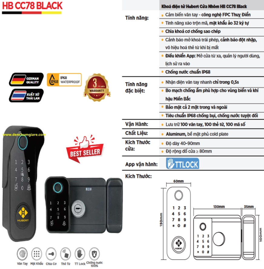 Khoá vân tay cửa cổng HUBERT HB CC78 Black tiêu chuẩn Đức với 6 tính năng nổi bật
