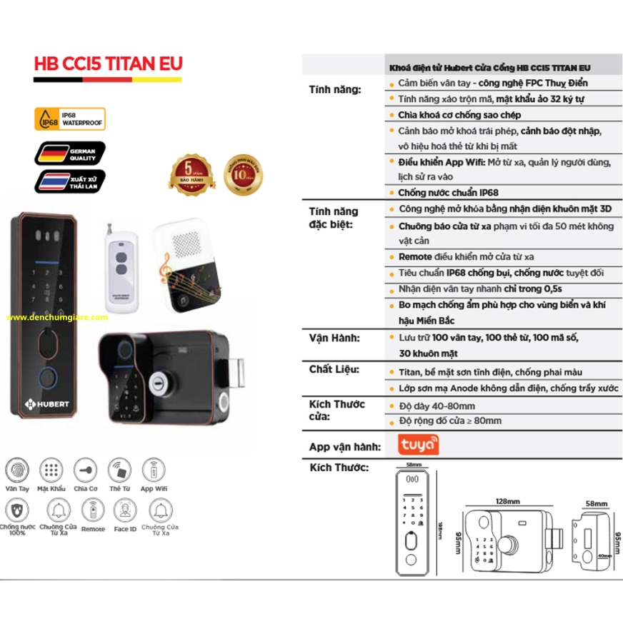 Khoá vân tay cửa cổng Hubert  HB CCI5 TITAN EU tiêu chuẩn Đức với 7 tính năng nổi bật