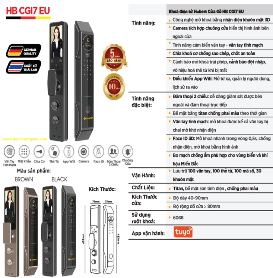 Khoá vân tay cửa gỗ HUBERT HB CGI7 EU tiêu chuẩn Đức với 8 tính năng nổi bật