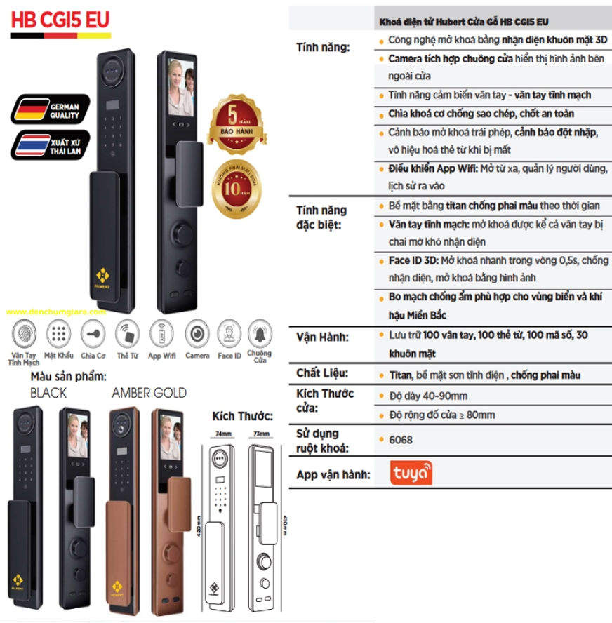 Khoá vân tay cửa gỗ HUBERT HB CGI5 EU tiêu chuẩn Đức với 7 tính năng nổi bật