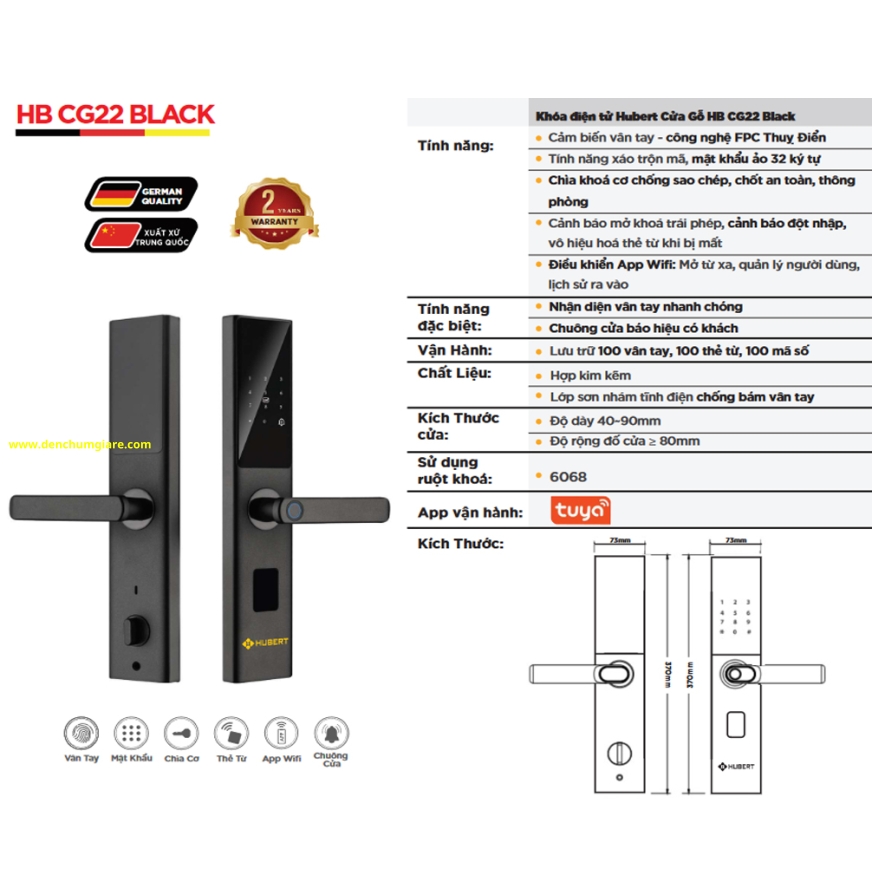Khoá vân tay cửa gỗ HUBERT HB CG22 BLACK tiêu chuẩn Đức với 6 tính năng nổi bật