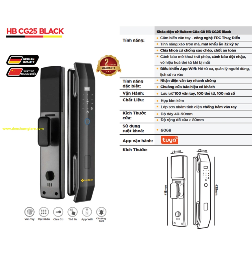Khoá vân tay cửa gỗ HUBERT HB CG25 BLACK tiêu chuẩn Đức với 6 tính năng nổi bật