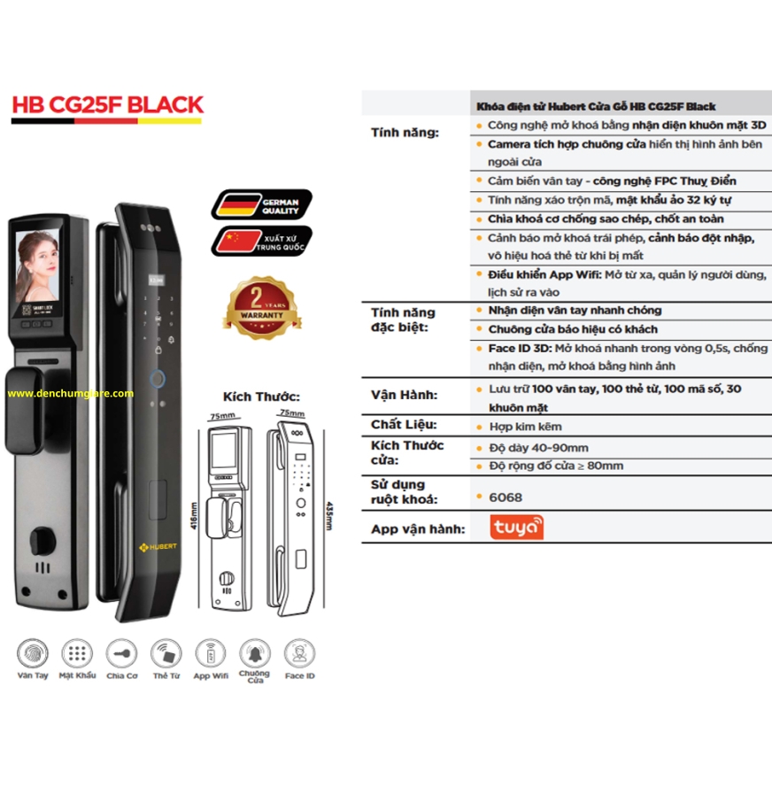 Khoá vân tay cửa gỗ HUBERT HB CG25F BLACK tiêu chuẩn Đức với 8 tính năng nổi bật