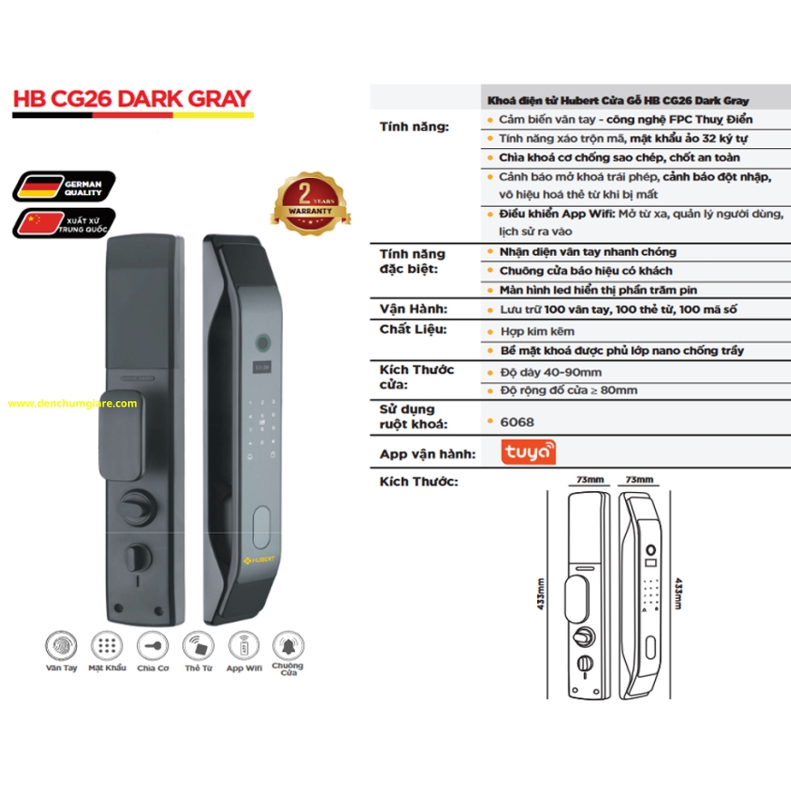 Khoá vân tay cửa gỗ HUBERT HB CG26 DARK GRAY tiêu chuẩn Đức với 6 tính năng nổi bật