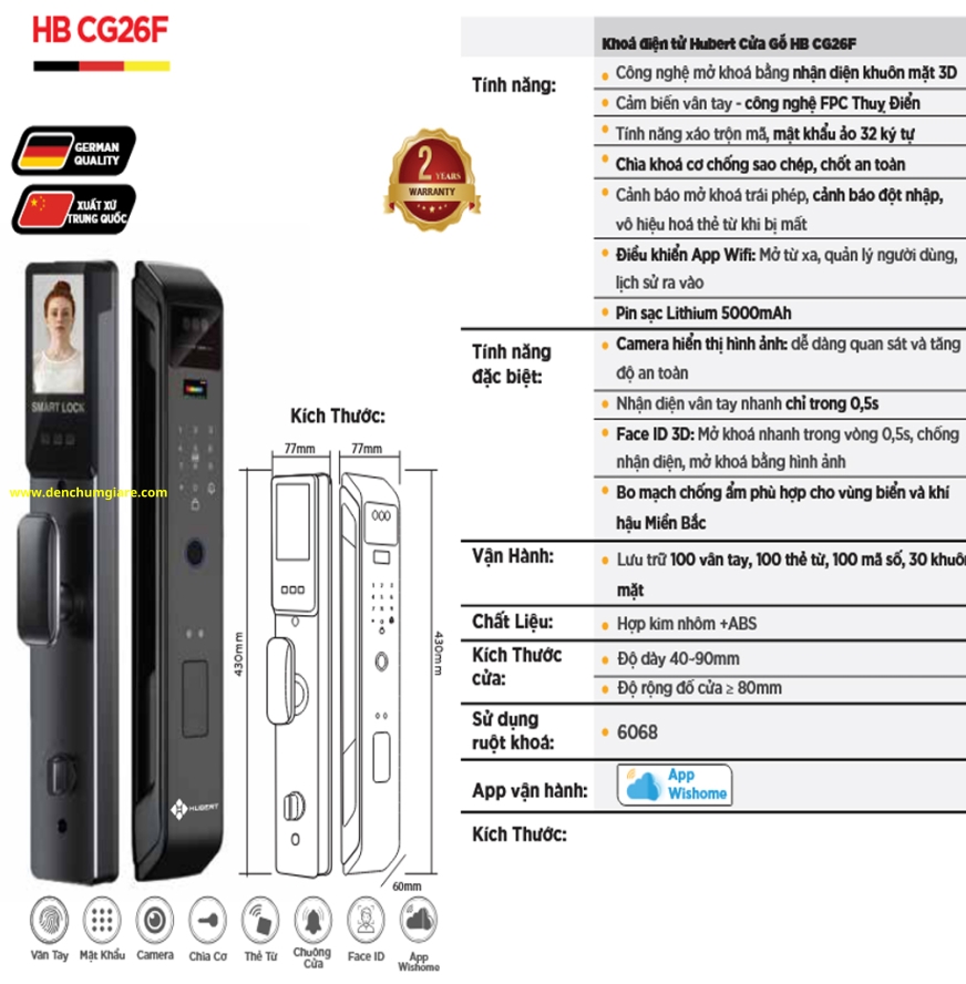 Khoá vân tay cửa gỗ HUBERT HB CG26F tiêu chuẩn Đức, Pin sạc Lithium với 7 tính năng nổi bật