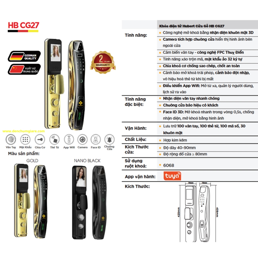 Khoá vân tay cửa gỗ HUBERT HB CG27 tiêu chuẩn Đức với 8 tính năng nổi bật
