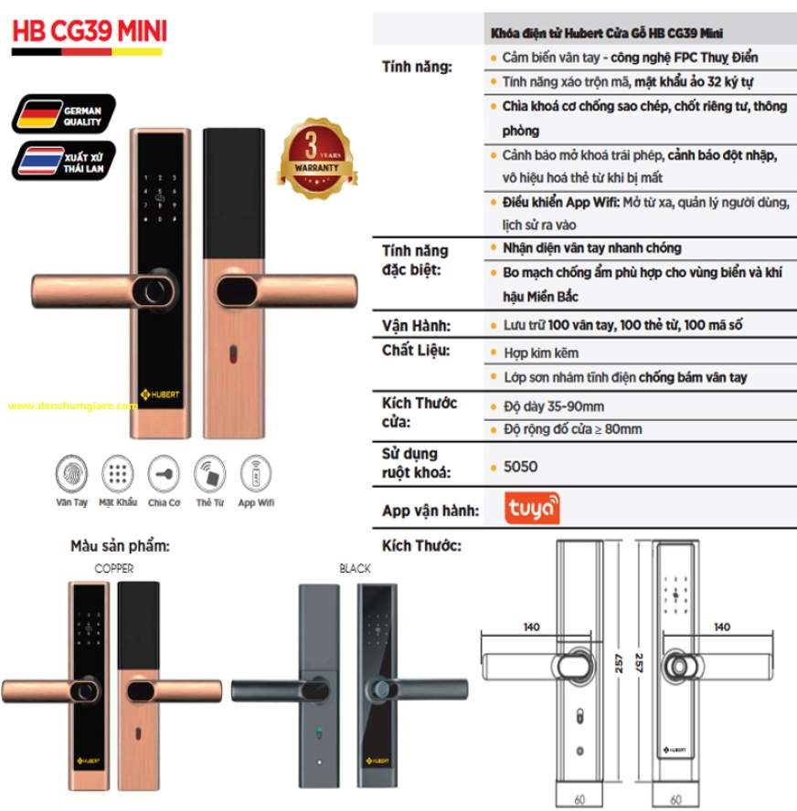 Khoá vân tay cửa gỗ HUBERT HB CG39MINI Copper/Black tiêu chuẩn Đức với 5 tính năng nổi bật