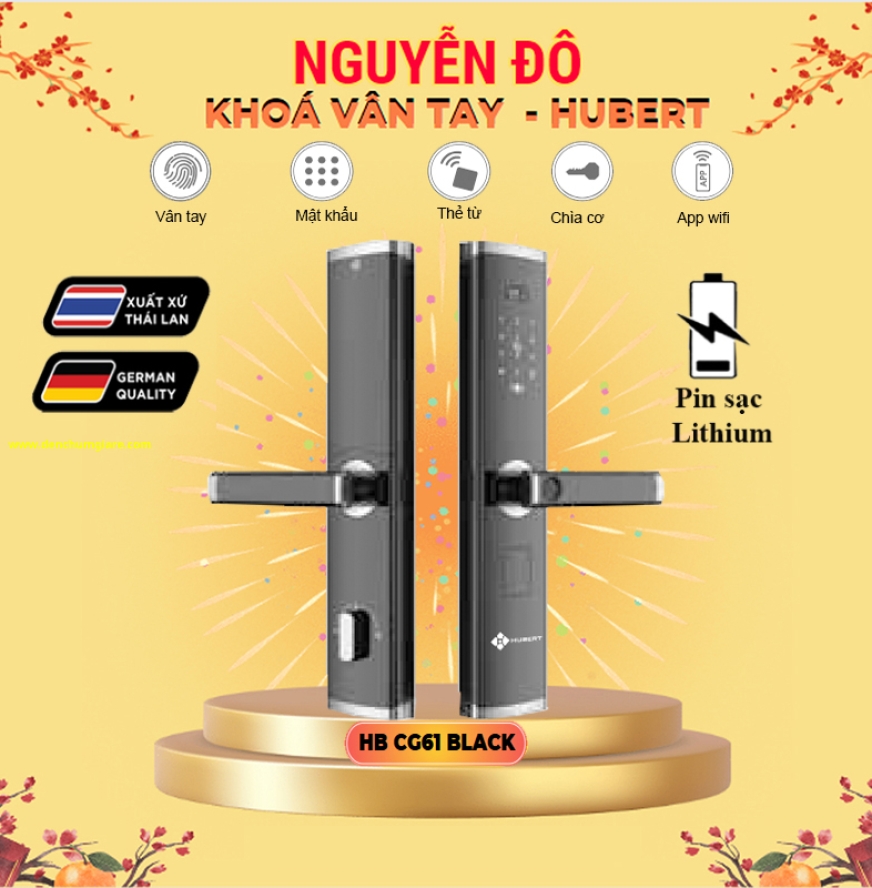 Khoá vân tay cửa gỗ HUBERT HB CG61 tiêu chuẩn Đức, Pin sạc Lithium với 5 tính năng nổi bật
