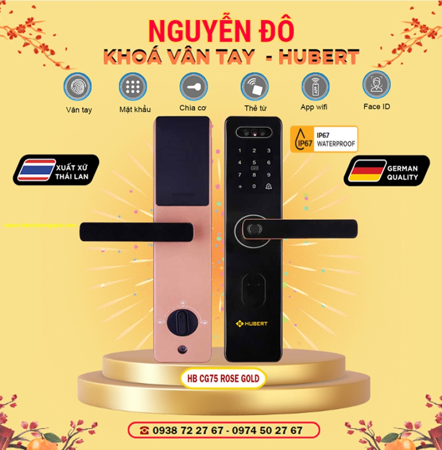 Khoá vân tay cửa gỗ HUBERT HB CG75 Black/Rose Gold tiêu chuẩn Đức với 7 tính năng nổi bật