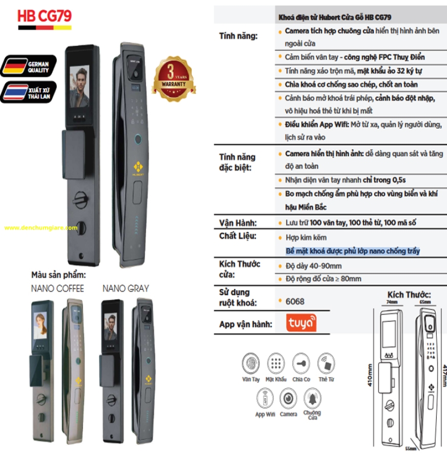 Khoá vân tay cửa gỗ HUBERT HB CG79 Coffee/Grey  tiêu chuẩn Đức với 6 tính năng nổi bật
