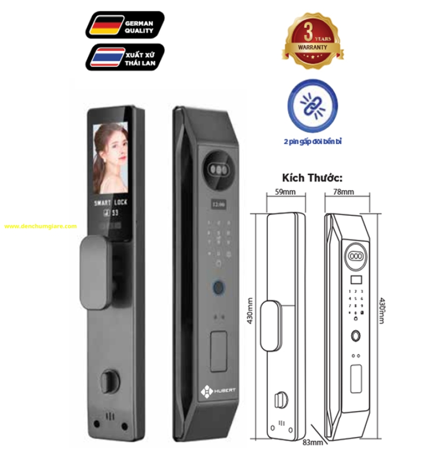 Khoá vân tay cửa gỗ HUBERT HB CG80F tiêu chuẩn Đức, Pin sạc Lithium với 8 tính năng nổi bật