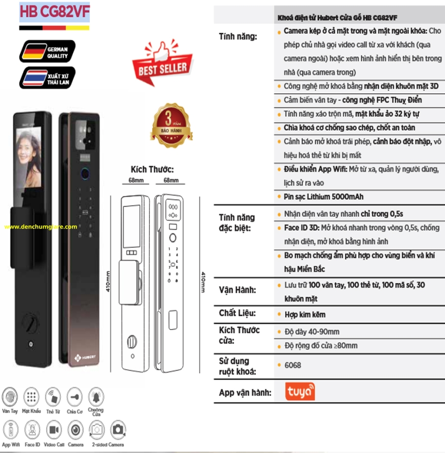 Khoá vân tay cửa gỗ HUBERT HB CG82VF tiêu chuẩn Đức, Pin sạc Lithium với 9 tính năng nổi bật