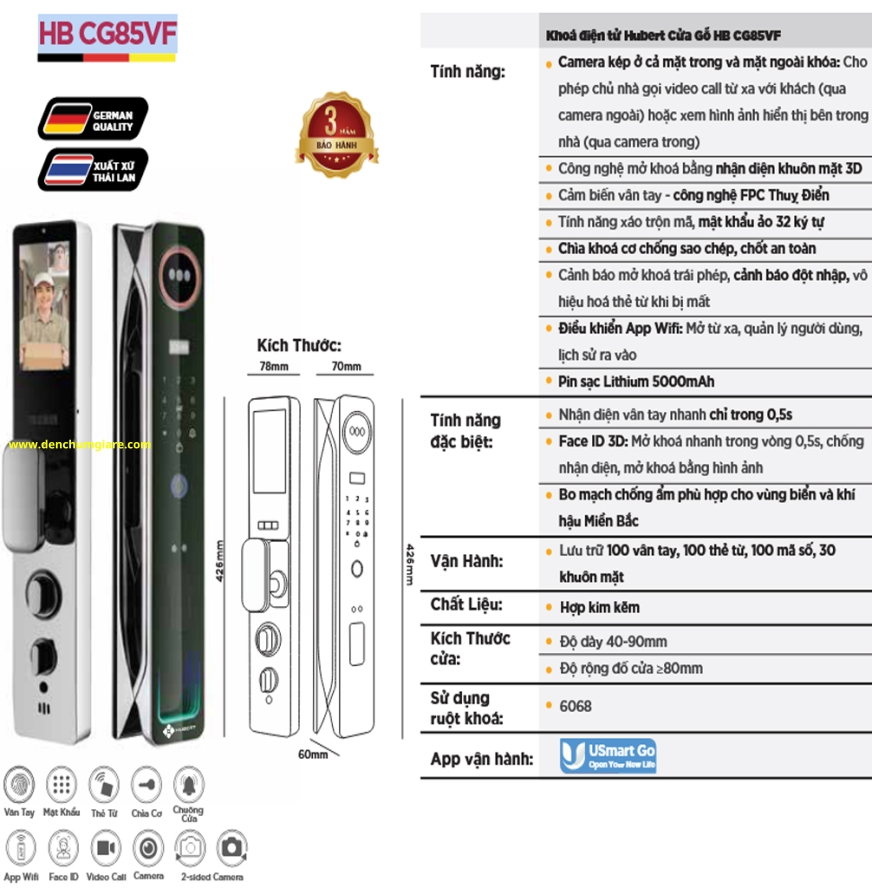 Khoá vân tay cửa gỗ HUBERT HB CG85VF tiêu chuẩn Đức, Pin sạc Lithium với 9 tính năng nổi bật