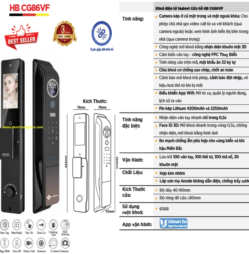 Khoá vân tay cửa gỗ HUBERT HB CG86VF tiêu chuẩn Đức, Pin sạc kép Lithium với 9 tính năng nổi bật