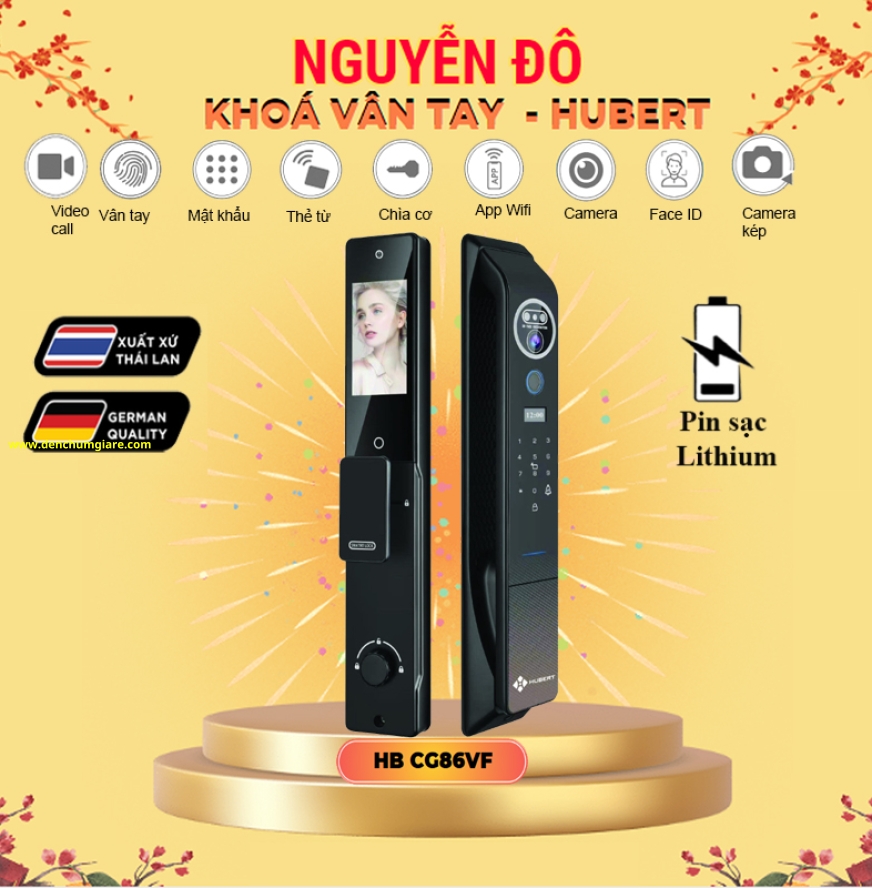 Khoá vân tay cửa gỗ HUBERT HB CG86VF tiêu chuẩn Đức, Pin sạc kép Lithium với 9 tính năng nổi bật