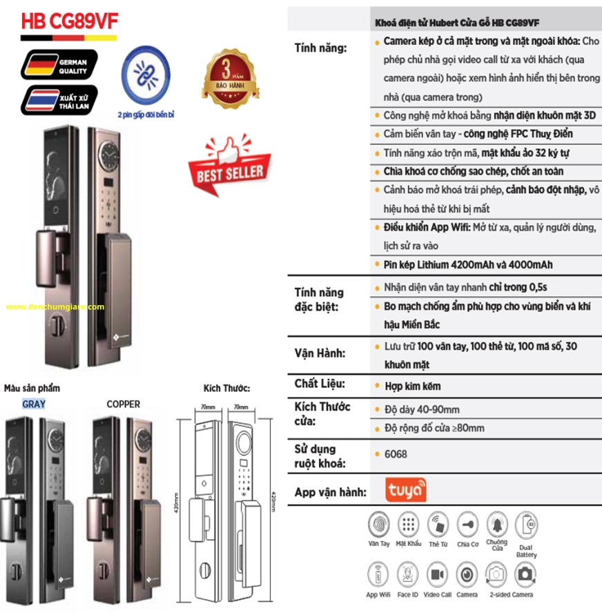 Khoá vân tay cửa gỗ HUBERT HB CG89VF tiêu chuẩn Đức, Pin sạc kép Lithium với 9 tính năng nổi bật