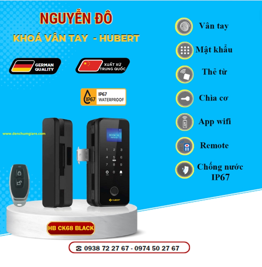 Khoá vân tay cửa kính HUBERT HB CK68 BLACK tiêu chuẩn Đức với 7 tính năng nổi bật
