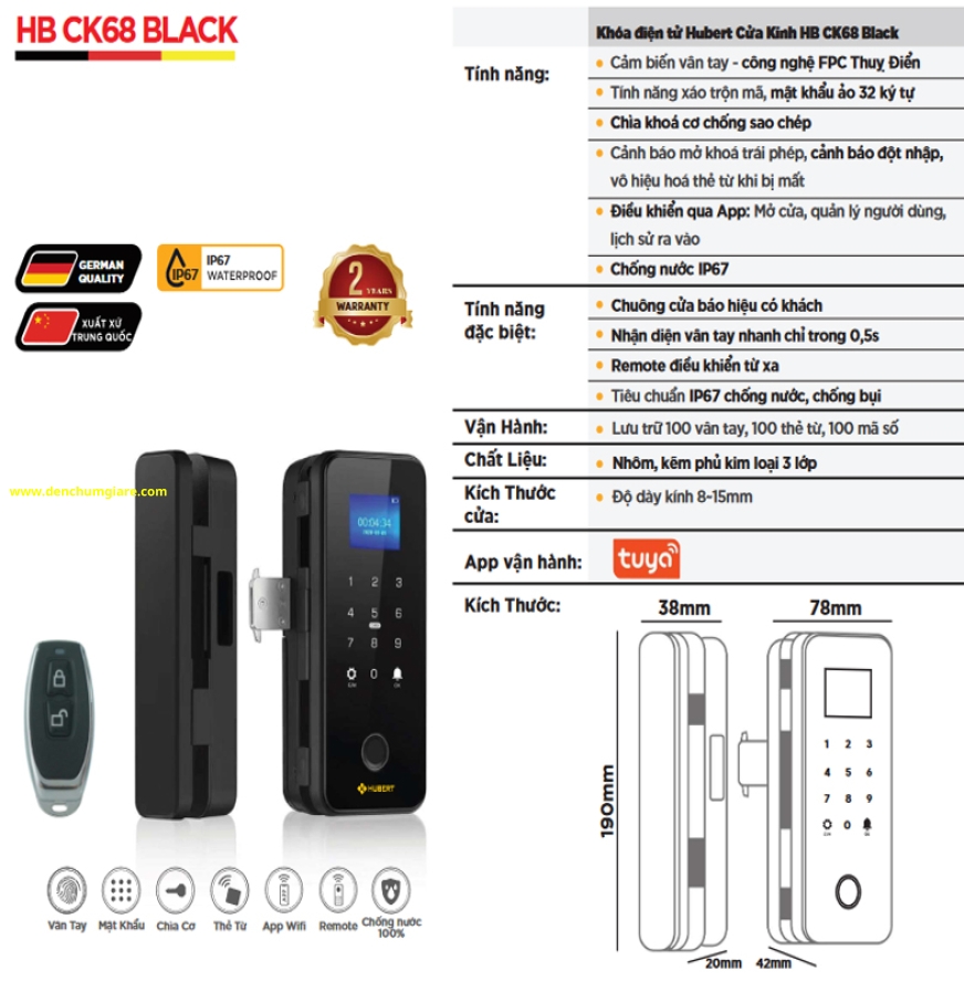 Khoá vân tay cửa kính HUBERT HB CK68 BLACK tiêu chuẩn Đức với 7 tính năng nổi bật