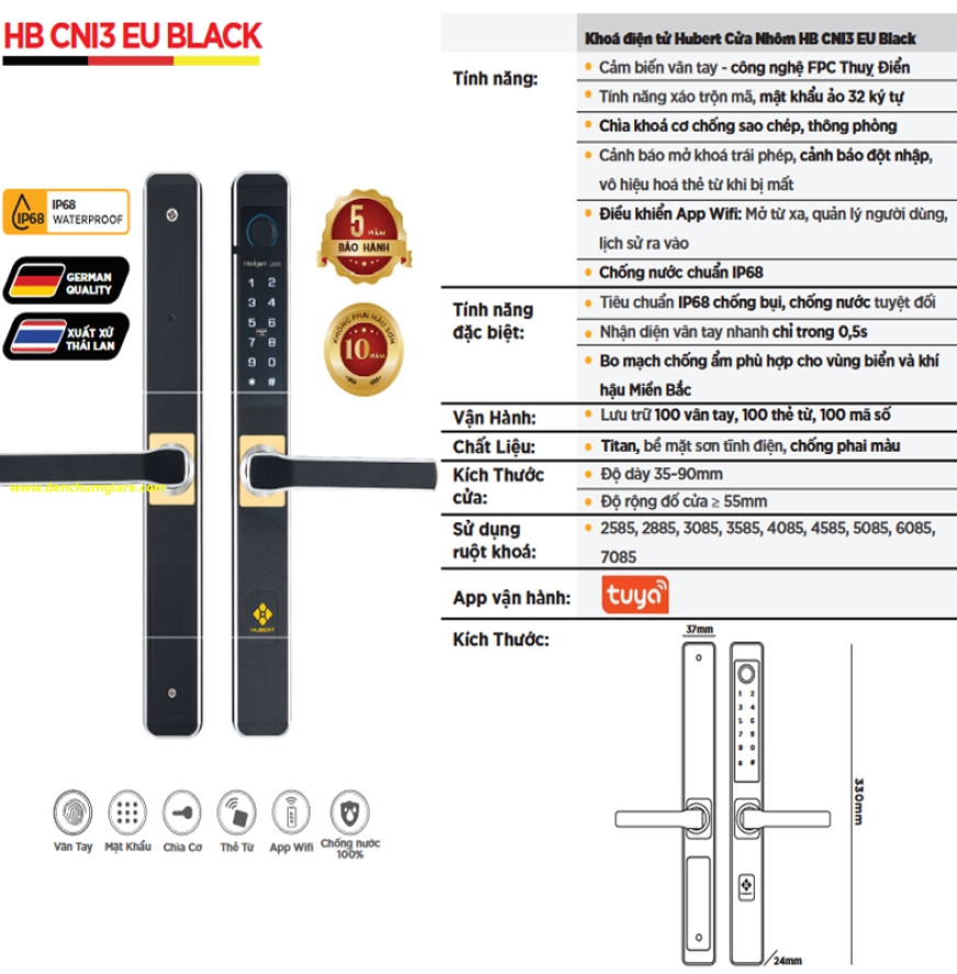 Khoá vân tay cửa nhôm HUBERT HB CNI3 EU Black tiêu chuẩn Đức với 6 tính năng nổi bật