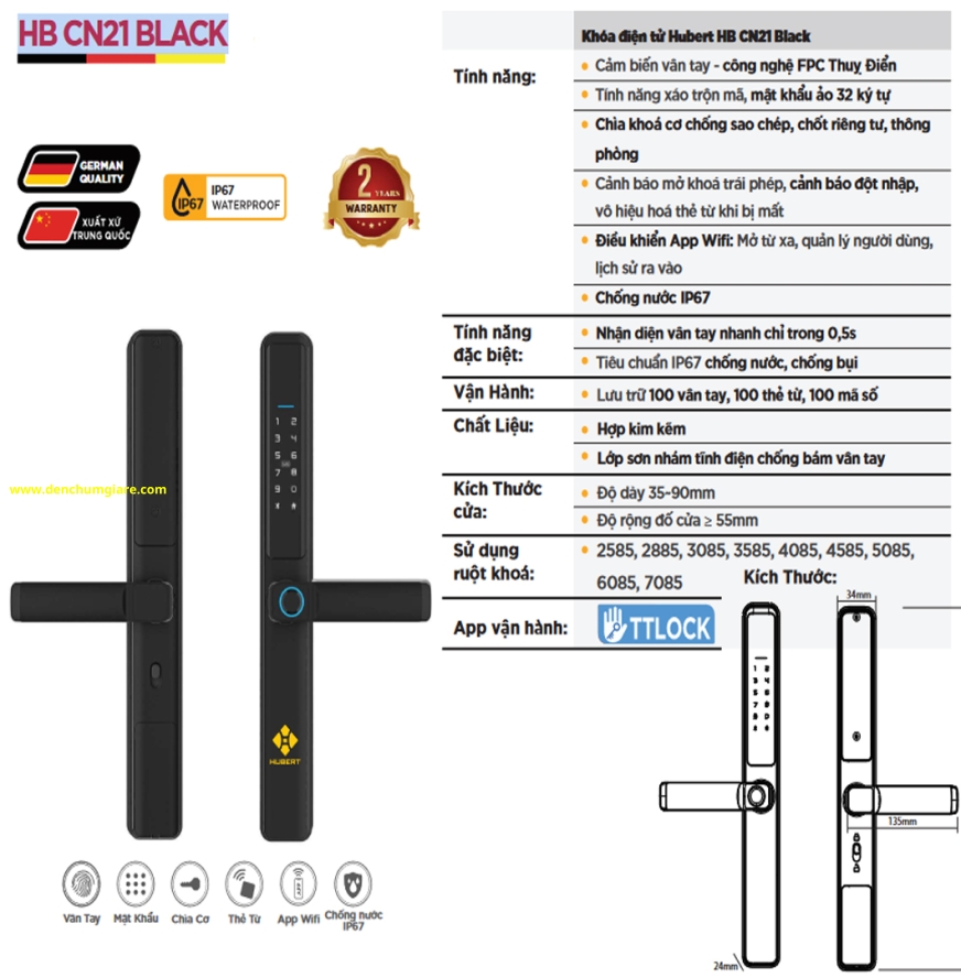 Khoá vân tay cửa nhôm HUBERT HB CN21 Black tiêu chuẩn Đức với 6 tính năng nổi bật