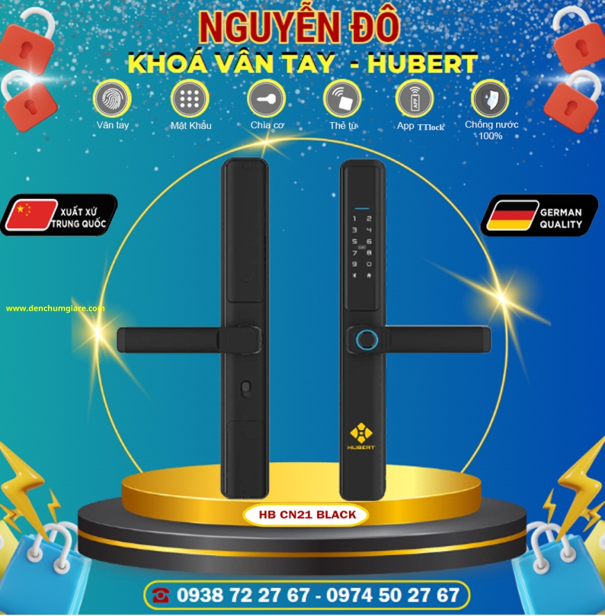 Khoá vân tay cửa nhôm HUBERT HB CN21 Black tiêu chuẩn Đức với 6 tính năng nổi bật