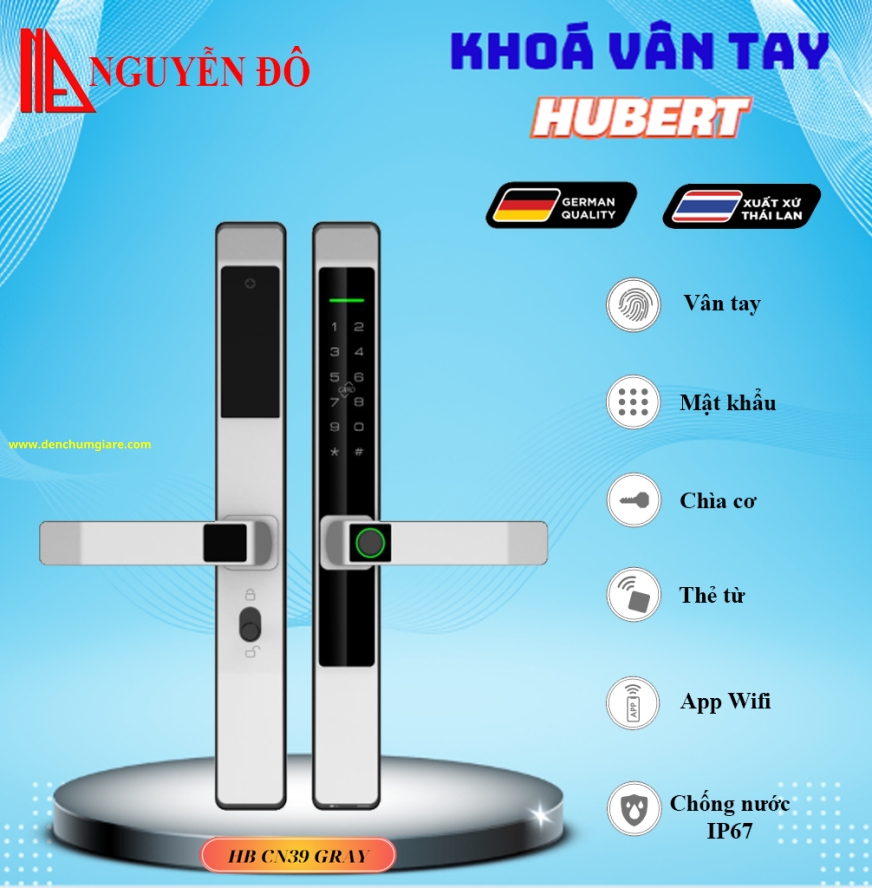 Khoá vân tay cửa nhôm HUBERT HB CN39 Black/Silver Grey/Sand Gold tiêu chuẩn Đức với 6 tính năng nổi bật