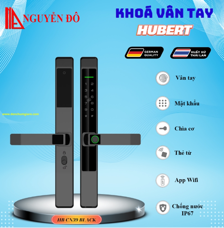 Khoá vân tay cửa nhôm HUBERT HB CN39 Black/Silver Grey/Sand Gold tiêu chuẩn Đức với 6 tính năng nổi bật