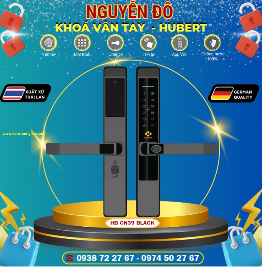 Khoá vân tay cửa nhôm HUBERT HB CN39 Black/Silver Grey/Sand Gold tiêu chuẩn Đức với 6 tính năng nổi bật