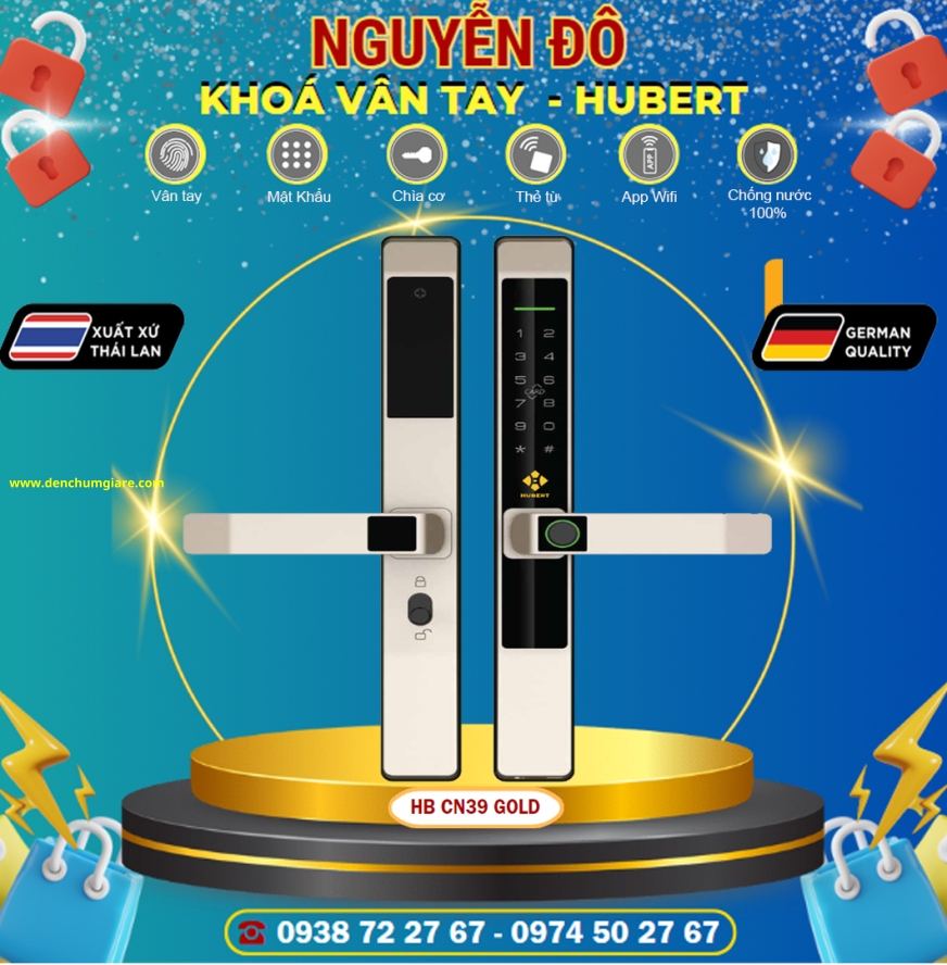 Khoá vân tay cửa nhôm HUBERT HB CN39 Black/Silver Grey/Sand Gold tiêu chuẩn Đức với 6 tính năng nổi bật