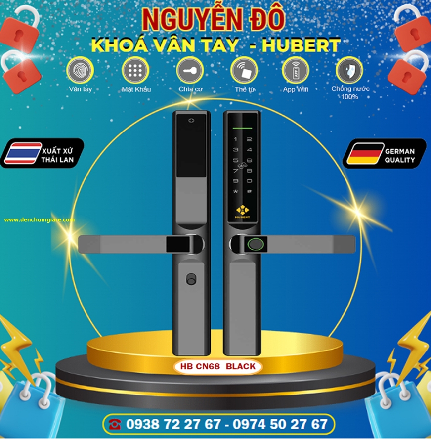 Khoá vân tay cửa nhôm HUBERT HB CN68 Rough Black/Silver Grey tiêu chuẩn Đức với 6 tính năng nổi bật