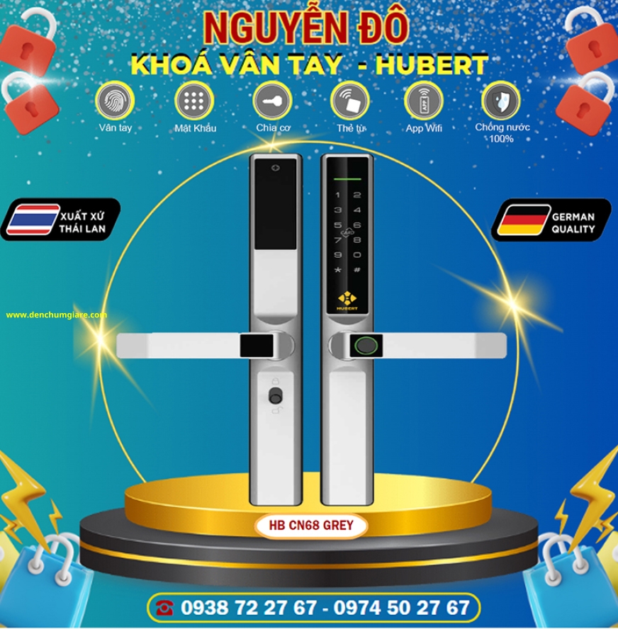Khoá vân tay cửa nhôm HUBERT HB CN68 Rough Black/Silver Grey tiêu chuẩn Đức với 6 tính năng nổi bật