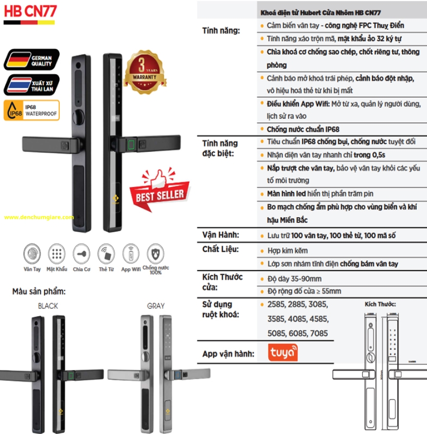 Khoá vân tay cửa nhôm HUBERT HB CN77 Black/Grey tiêu chuẩn Đức với 6 tính năng nổi bật