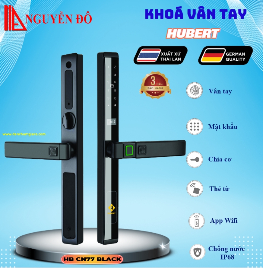 Khoá vân tay cửa nhôm HUBERT HB CN77 Black/Grey tiêu chuẩn Đức với 6 tính năng nổi bật