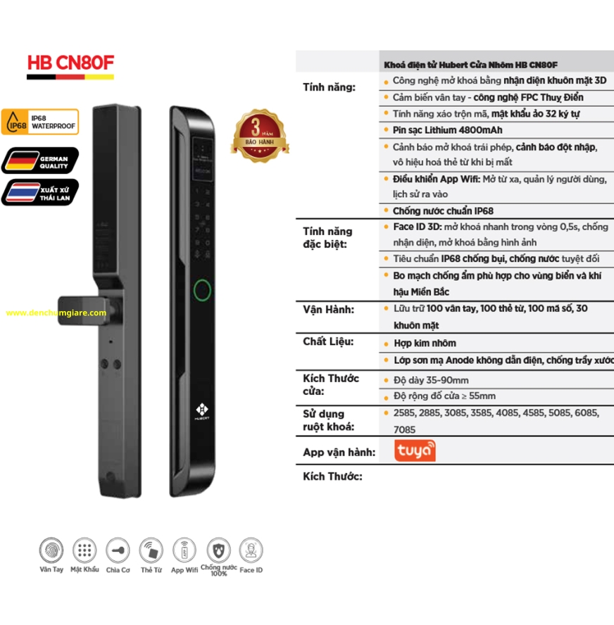 Khoá vân tay cửa nhôm HUBERT HB CN80F tiêu chuẩn Đức với 7 tính năng nổi bật