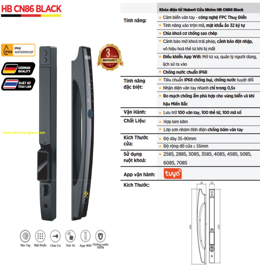 Khoá vân tay cửa nhôm HUBERT HB CN86 Black tiêu chuẩn Đức với 6 tính năng nổi bật