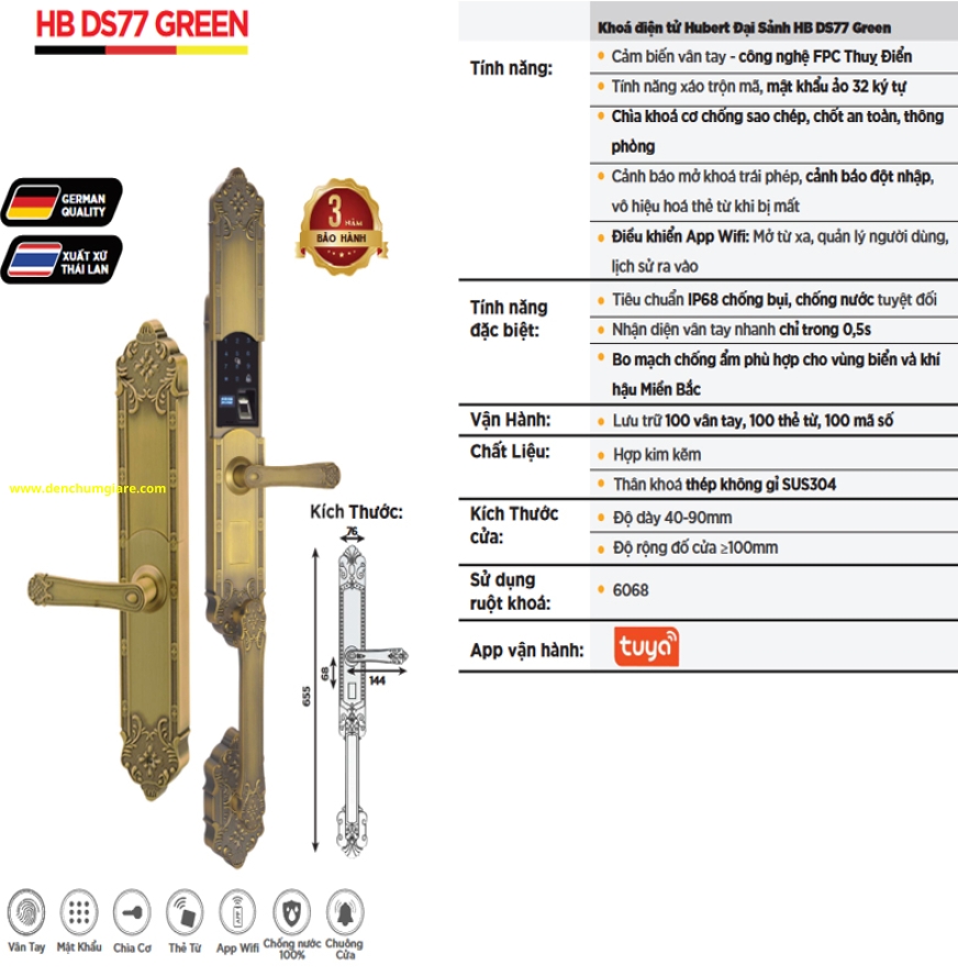 Khoá vân tay đại sảnh HUBERT HB DS77 Gold/Copper/Green tiêu chuẩn Đức với 6 tính năng nổi bật