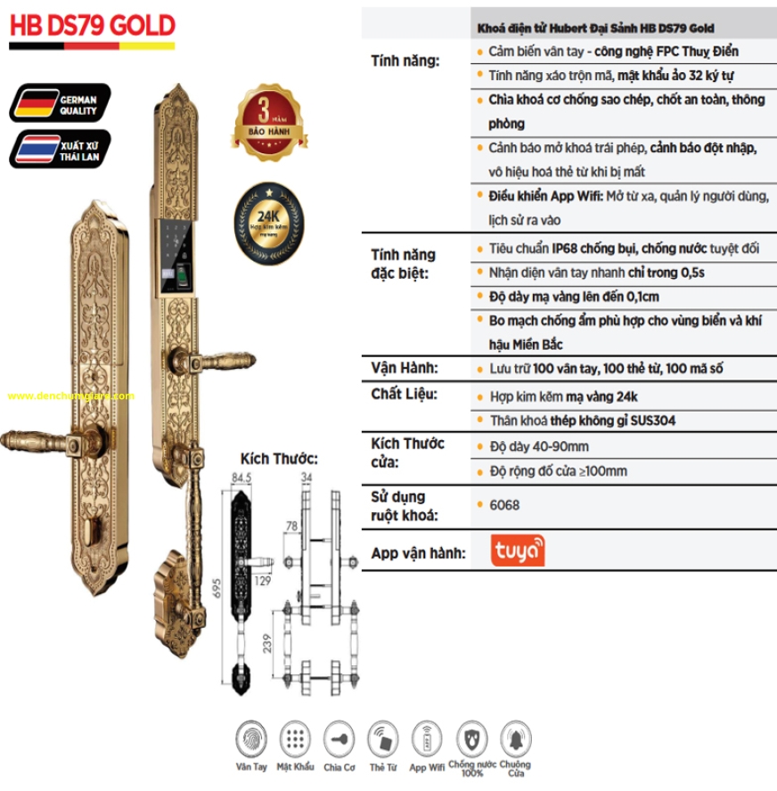  Khoá vân tay đại sảnh HUBERT HB DS79 Gold tiêu chuẩn Đức với 6 tính năng nổi bật